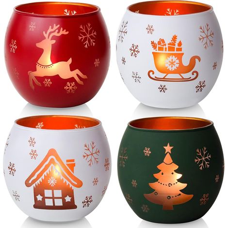 4 Glas-Teelichthalter, Weiß/Rot/Grün, Weihnachts- und Winterdekoration (1/5)