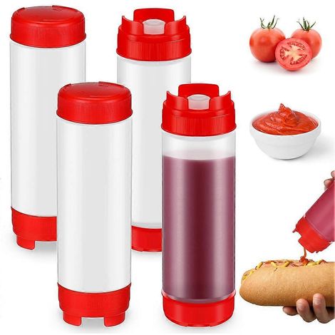 Lot de 4 flacons souples rechargeables de 590 ml (20 oz), avec embout en plastique inversé et grande valve pour condiments. (1/5)
