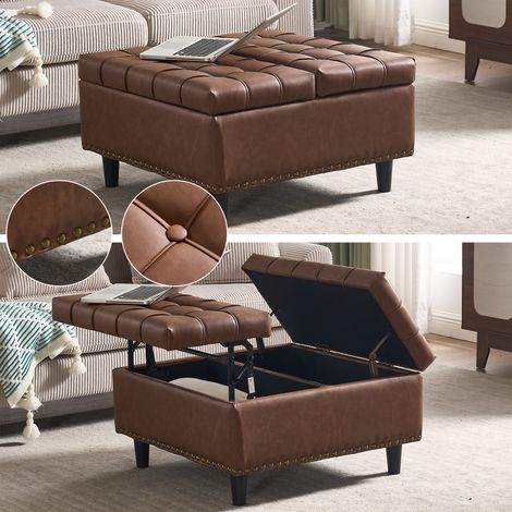 Faltbarer Pouf, quadratische Aufbewahrungsbox, 75 x 75 x 41 cm, PU-Leder, kleines Sofa für Wohnzimmer, Schlafzimmer, Möbel, Eingangsbereich, Schuhschrank, Braun