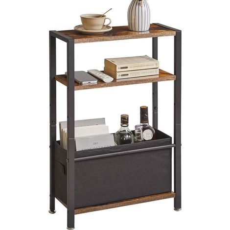 Table d'appoint, Petite Table de Chevet étroite à 3 Niveaux avec étagère de Rangement, Bout de Canapé Fines avec Panier en Tissu pour Espaces étroits et Petits, Marron Rustique, YD-TM052H (1/5)