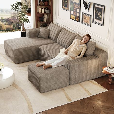 Canapé d'angle en L 241 cm avec 1 repose-pieds,canapé 4 places en velours côtelé, canapé convertible modulable,méridienne à gauche,camel
