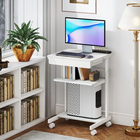Scrivania per computer su ruote, scrivania con contenitore 56 x 51 cm con cassetto, scomparto e supporto per CPU, bianca