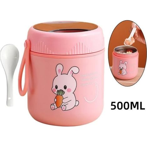 (Rose (Lapin))Boîte Alimentaire Isotherme - Inox - 500ML - Rose (Lapin) - Étanche - Cuillère Pliable (1/4)
