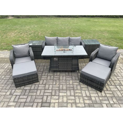 Fimous Polyrattan Gartenmöbel set Gas Feuerstelle Esstisch mit 2 Beistelltisch Sessel 2 hohen Hockern (1/5)