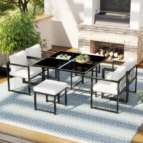 Ensemble table et 6 chaises extérieur 7 pièces – Coussins tissu, table verre trempé, pour jardin terrasse (1/5)