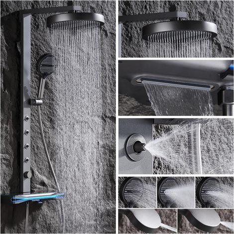 Colonne de Douche Thermostatique, Piano Système de Douche avec Affichage Numérique LED Mural Ensemble de Douche avec Mitigeur, Douchette 5 Jets, Tête de Douche 320mm, Spray Dorsal (Gris Pistolet) (1/5)