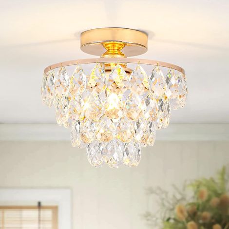 Mini lámpara de araña de cristal, pequeña lámpara de techo para pasillo, moderna lámpara de techo de cristal para dormitorio, recibidor, sala de estar, lámpara de techo empotrada (dorada) (1/4)