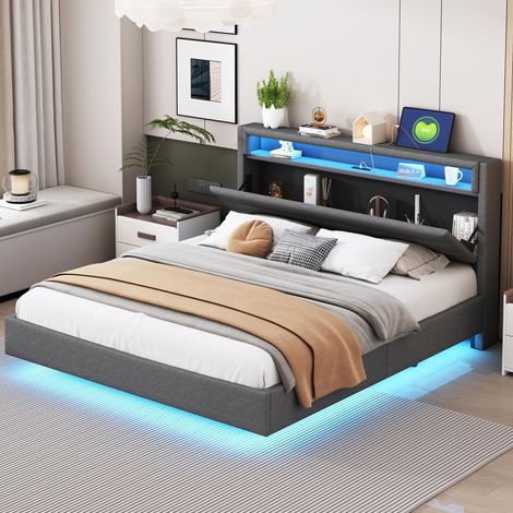 Lit rembourré 160x200cm avec prise USB et lampe LED, tête de lit réversible, pied de lit dissimulé, lit double plat, lit enfant, lit adulte, tissu lin gris, garantie 2 ans (1/5)