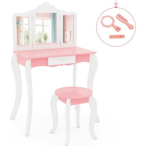 Coiffeuse enfant avec miroir triptyque acrylique incassable, tiroir et tabouret, miroir amovible pour chambre, jeux et salon (1/5)