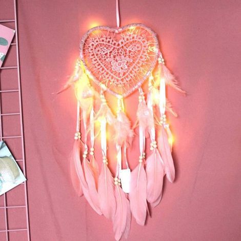 Attrape-rêves en plumes, attrape-rêves en plumes avec lumière LED, forme de cœur, plume exquise faite à la main (1/4)