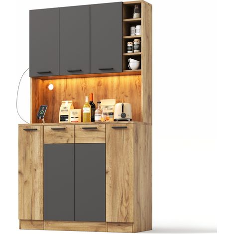 Vitrine, éclairage led, prises et recharge intégrées, 100 x 40 x 180 cm, MDF, bois naturel (1/5)