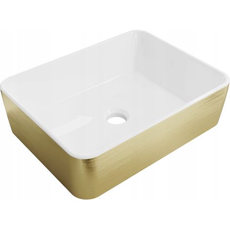 Lavabo cerámico sobre encimera, 48x37x13 cm, Blanco/Dorado