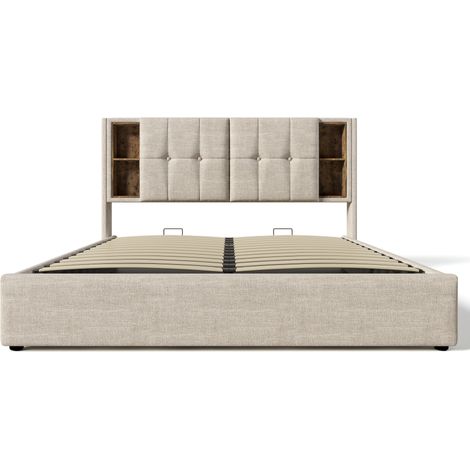 Cama doble 180x200 cm con almacenaje, carga inalámbrica, USB-C, tejido efecto lino HOMVRA (1/5)
