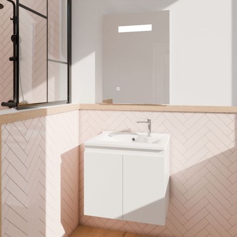 Meuble PROLINE 60 cm avec plan vasque et miroir Elégance ht80- Blanc- Plan vasque en Résine (1/5)