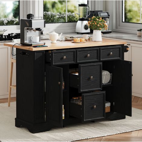 Isla de cocina 130,5/40-65/92 cm negra con tablero abatible, almacenaje y enchufes USB (1/5)