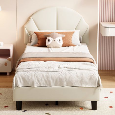 Letto singolo 90x200 cm - letto per bambini - con testiera a conchiglia regolabile - velluto - rete a doghe - letto principessa - letto imbottito - Beige