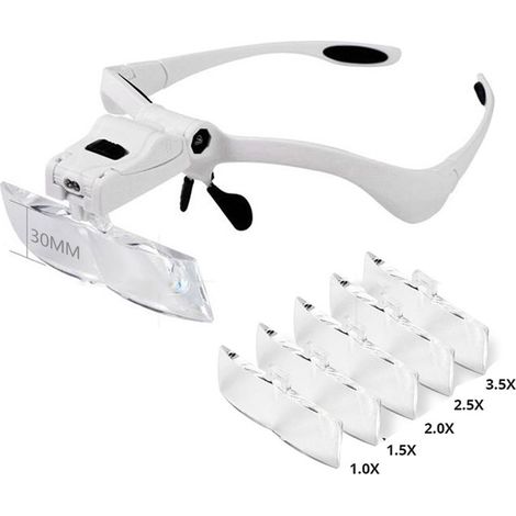 Loupe frontale à bandeau, grossissement réglable 1x, 1,5x, 2x, 2,5x, 3,5x, légère, avec éclairage LED intégré.