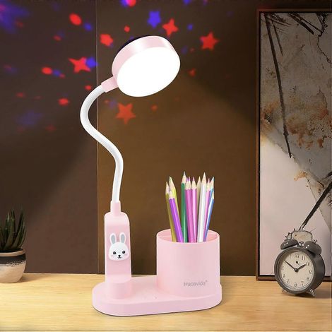 Lampe de table avec projecteur d'étoiles, lampe de bureau pour enfants avec porte-stylo, lampe de chevet à col de cygne, lampe de table rechargeable lapin mignon (rose) (1/5)