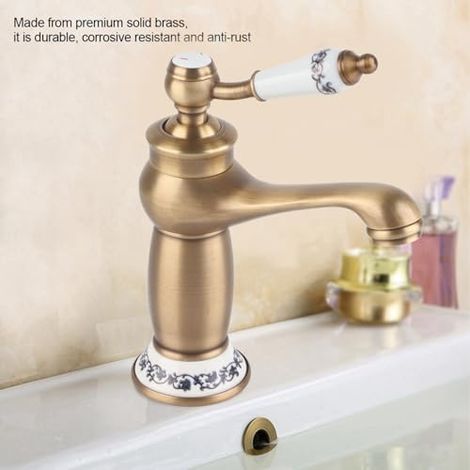 Mitigeur lavabo rétro col long en laiton – Motif floral vintage porcelaine bleu et blanc – Eau chaude et froide – Pour cuisine et salle bain – Finition chrome (1/5)