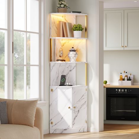 Armoire d'angle de cuisine et salon avec éclairage led et prises intégrées - colonne de rangement avec 2 portes 38 x 38 x 180 cm style moderne en mdf - blanc et doré (1/5)