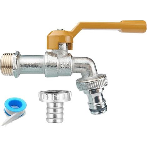 Robinet de jardin en laiton, entrée 1/2" et sortie 3/4", résistant à la rouille et au gel, avec 2 raccords de tuyau pour machine à laver de jardin et récupérateur d'eau de pluie. (1/5)