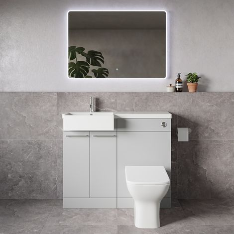 Napoli 250 Gloss Grey Pearl 1000mm 2 Door Vanity Unit Toilet Suite with Left Hand Square Rico Semi Recessed Basin - 1000mm - Chrome 160mm HandleWith Kingston Toilet Pan and Seat