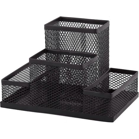 Organiseur de bureau, porte-crayons en métal, étagère de bureau avec porte-notes en filet, 20,4 x 10,4 x 9,7 cm, multifonctionnel, accessoire de rangement, noir, unité (1/5)