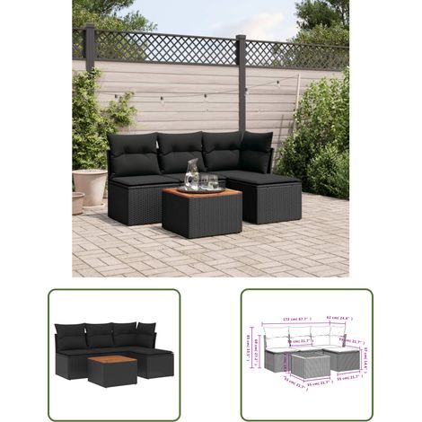 The Living Store 5-tlg. Garten-Sofagarnitur mit Kissen Schwarz Poly Rattan - Gartensorte - Gartenmöbelset - Esszimmergarnitur - Outdoor Möbel - Lounge Set