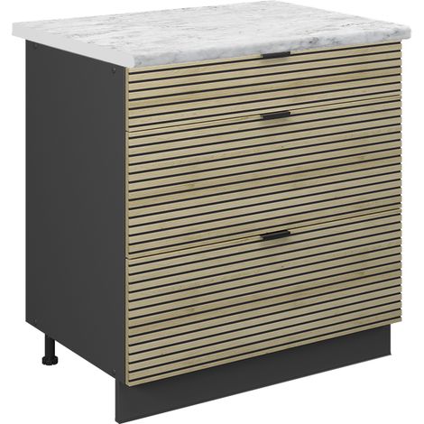 Mobiletto base per cucina Fame-Line, Pannello in quercia, 80 cm con 3 cassetti, PL Marmo, Vicco