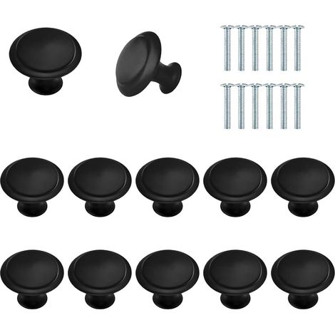 Lot de 12 boutons de meuble ronds de 30 mm avec vis - Noir - Pour armoires de cuisine, armoire, tiroir, commode, portes, meubles (1/5)