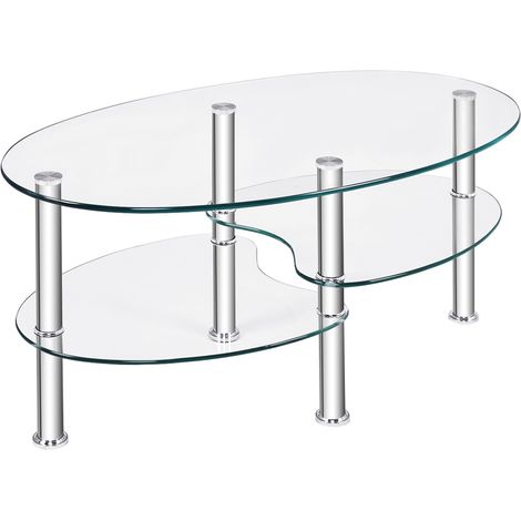 Tavolino da caffè in vetro a 3 ripiani da salotto Tavolo da tè con design ovale per casa e ufficio 89x51x45cm Trasparente (1/4)