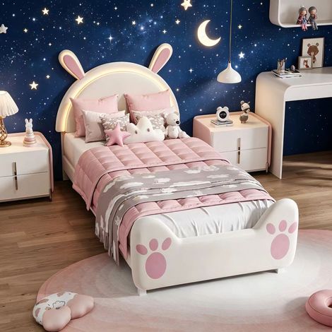 Lit capitonné 90×200cm avec lumière LED, lit enfant avec oreilles de lapin, lit simple avec tête de lit capitonnée, sommier à lattes, lit enfant, lit princesse, Velours, Beige