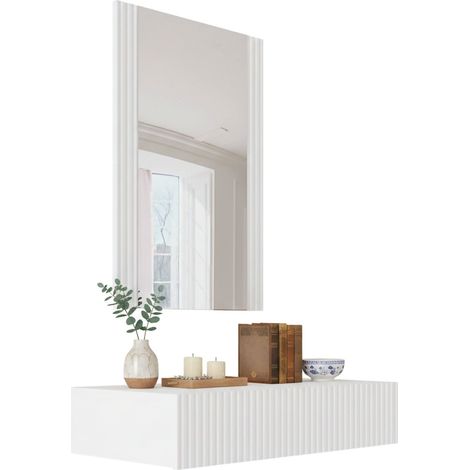 Consolle Premolo, Entratina sospesa con specchio, Design moderno con effetto cannettato, 80x42 h97 cm, Bianco