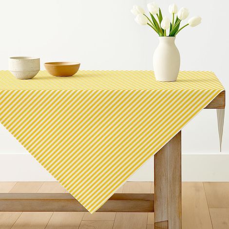 Gestreifte Tischdecke 100x100 cm Gelb, Fleckschutz, Pflegeleicht, Polyester