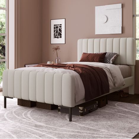Lit enfant 90x190 cm avec sommier à lattes et tête de lit réglable, lin beige-gris clair, bois et métal (1/5)