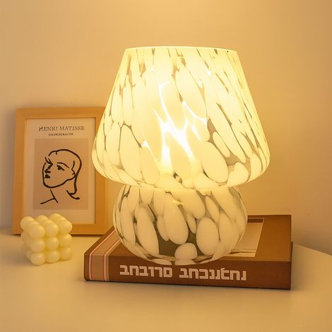 Relaxdays Tischlampe, Pilz Design, Glas, E27, batteriebetriebene Nachttischlampe, HxD: 24 x 16 cm, Touchfunktion, weiß