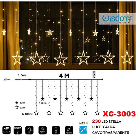 Wisdom - Tenda Luminosa Natalizia 230 Led Con Stelle Luce Calda Cavo Trasparente Xc-3003 -