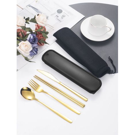 (Noir) Couverts : couteau, fourchette, cuillère, baguettes, avec boîte (1/5)
