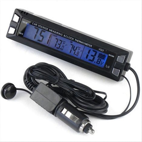 12V/24V Autothermometer mit LCD-Bildschirm, digitaler Spannungsanzeige, Uhr, Thermometer, Voltmeter und Sensorkabel. (1/5)