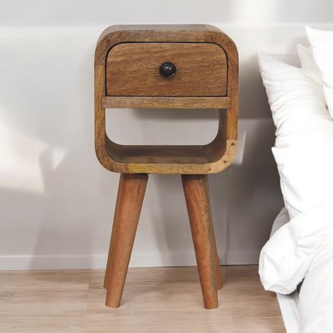 Table de chevet basse incurvée Extra Mini aspect chêne en bois massif, 1 tiroir et fente ouverte, Brun