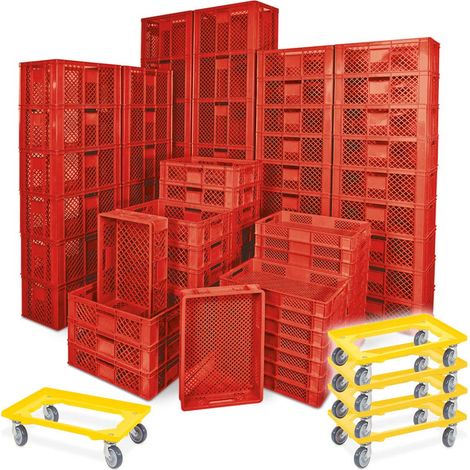 BRB 78 Stück Stapelkörbe/Bäckerkästen in 5 Größen, Grundmaß LxB 600x400 mm, H 90 mm, 150 mm, 240 mm, 320 mm, 410 mm, + 5x Transportroller gelb (rot)