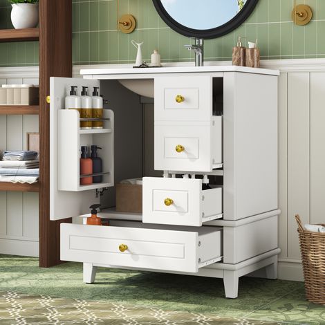 Mueble de baño con lavabo 61x47x86 cm, 3 cajones, puerta con estantes, cerámica y MDF blanco (1/5)