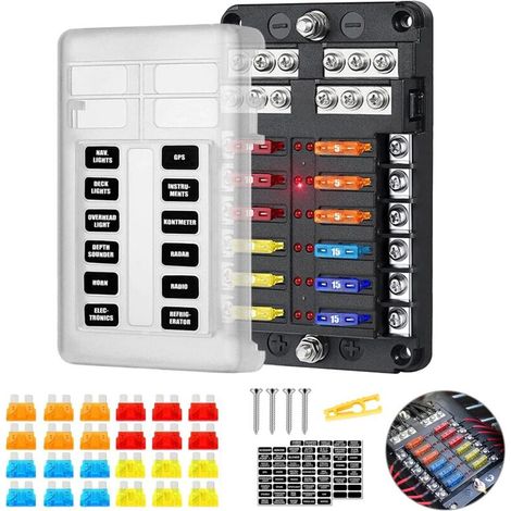 Porte-fusibles 12 compartiments ATC/ATO 12 V/24 V CC 12 V 100 A avec 16 fusibles et indicateur LED pour voiture, bateau, camion, camping-car, van