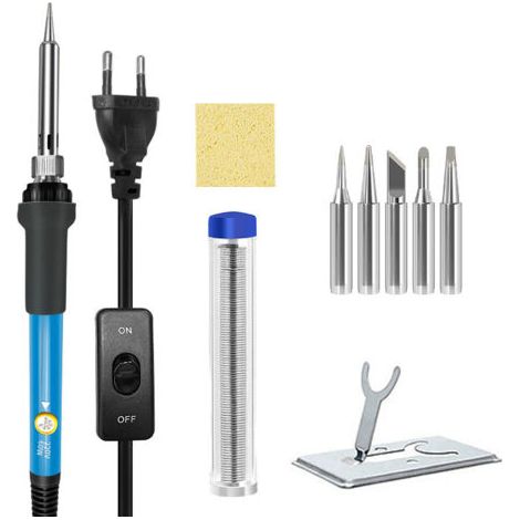 Set di punte per saldatore da 60 W con temperatura regolabile e protezione contro le bruciature, colore nero, per la saldatura di circuiti stampati.