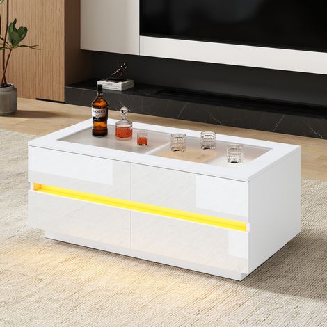 Modernluxe - Table basse avec LED 100x50x40 cm - 4 tiroirs - Finition brillante - Panneaux de particules - Blanc (1/5)