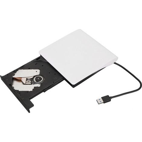 Lecteur Graveur CD DVD Externe USB 3.0 Plug & Play pour PC Portable Windows et Mac OS - Blanc
