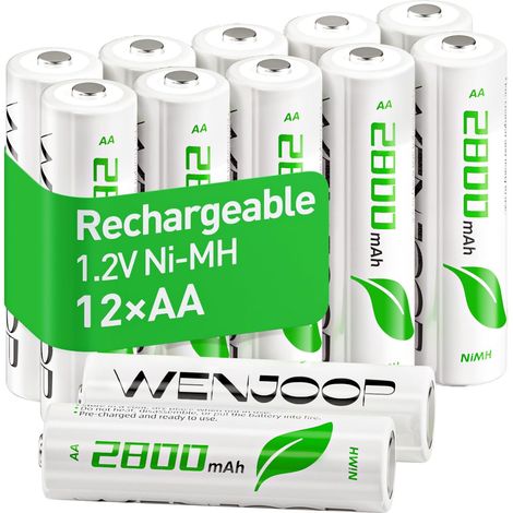 Piles Rechargeables AA HR6, 2800mAh Haute Capacité, Jusqu’à 1200 Cycles, Préchargées, 1,2V NiMH Faible Auto-Décharge pour Jouets et Lampes Torches, Lot de 12 (1/5)