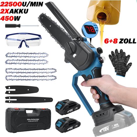 Scie électrique à chaîne sans fil de 6 et 8 pouces, mini tronçonneuse électrique portable à une main, incluant 2 batteries, 21V, 22500 tr/min, 450W, pour l'élagage de jardin.
