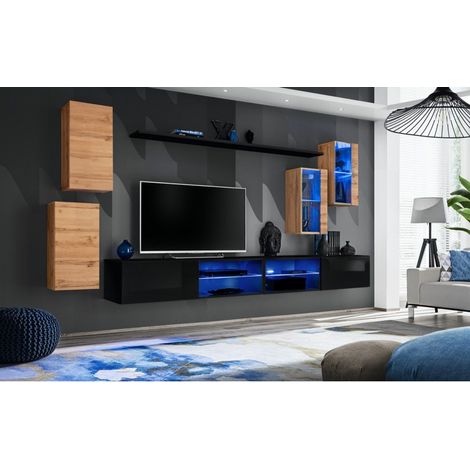 Ensemble meuble TV mural Switch XXV - L 280 x P 40 x H 140 cm - Noir et marron - Livraison gratuite