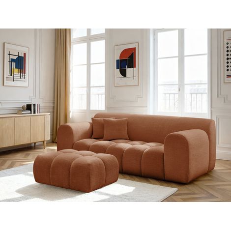 BOBOCHIC - Canapé droit fixe 2 places MELISSE tissu texturé avec pouf Orange (1/5)